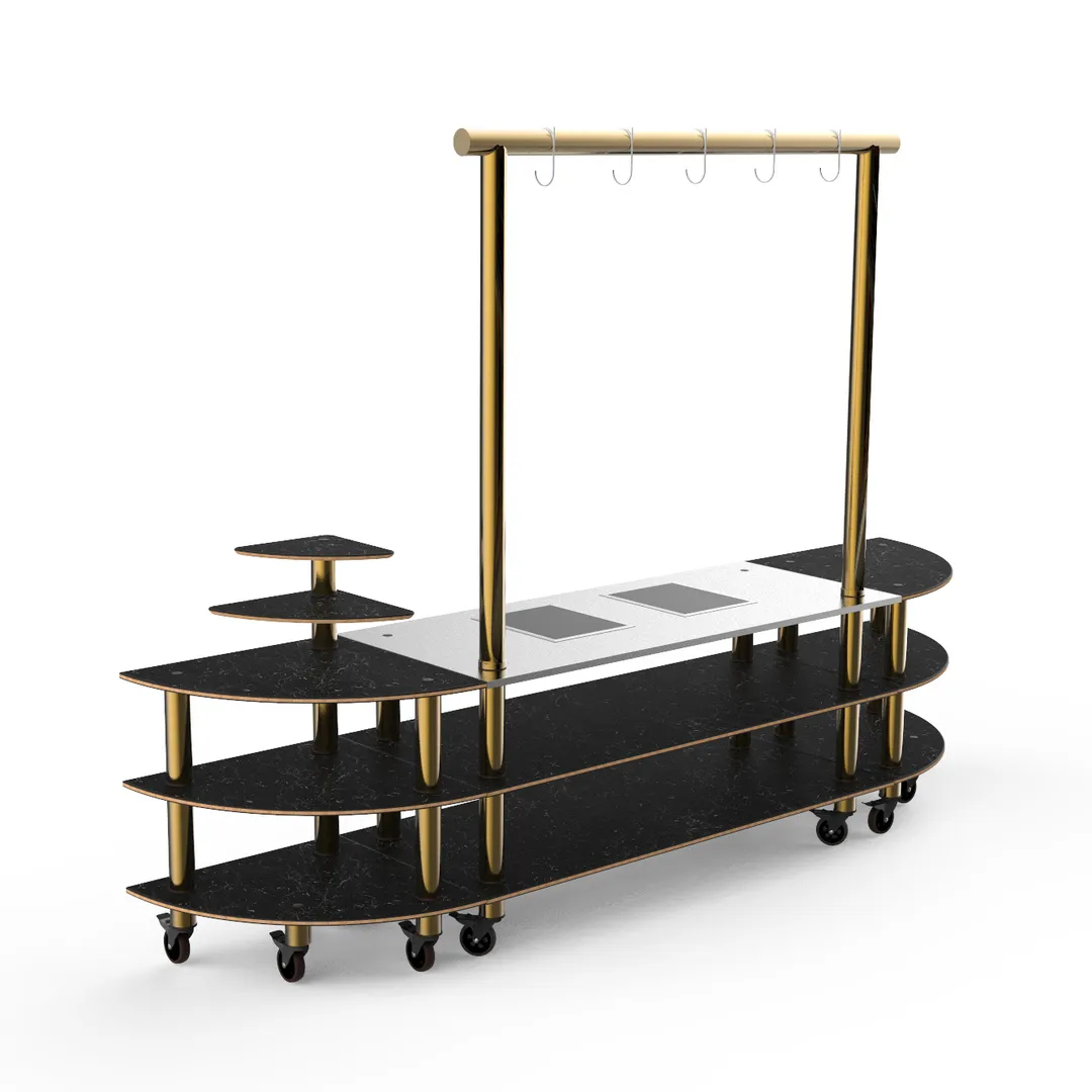 Steelite MGCMLD05MBXW 130" Modular Buffet Table, 3-Tier, Nero Marquina Marble BHP Laminate, 1800W Induction