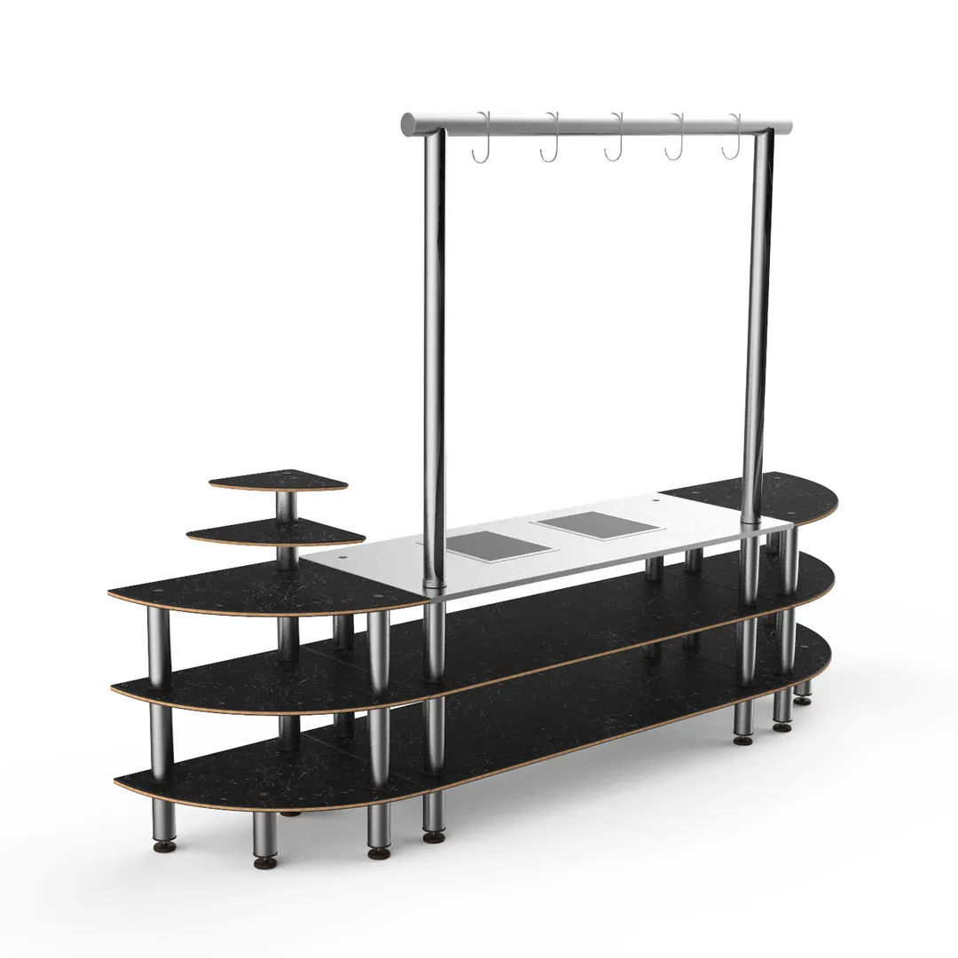 Steelite MGCMLD05MSXF 130" Configurable Buffet Table, 3-Tier, Nero Marquina Marble BHP Laminate, Brushed Stainless Steel