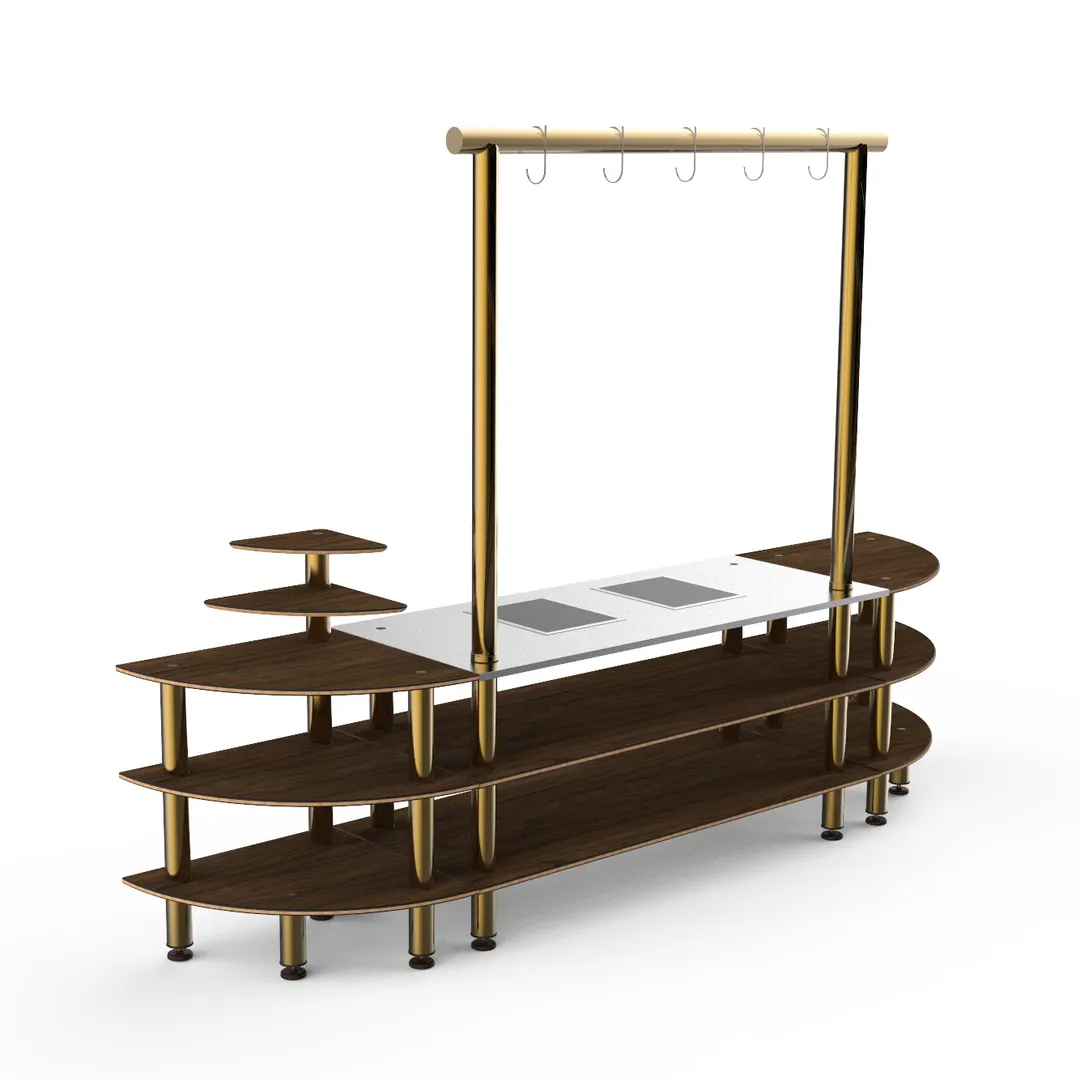 Steelite MGCMLD05WBXF 130" Modular Buffet Table, 3-Tier, 29-1/2"D x 96"H, Bamboo Core Top, Brushed Brass Legs, 1800W, 120V
