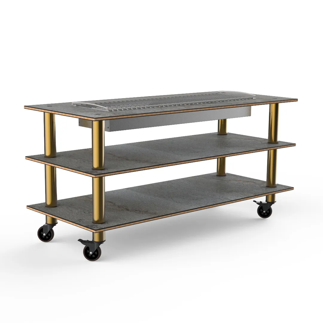 Steelite MGCMLD06GBXW 71" Configurable Buffet Table, 3-Tier, Grey Slate BHP Laminate Top, Brushed Brass Casters