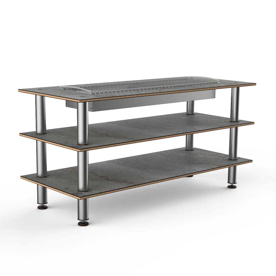 Steelite MGCMLD06GSXF 71" x 29-1/2" x 35"H Modular Buffet Table, 3-Tier, Grey Slate BHP Laminate Top, Brushed Stainless Steel Legs