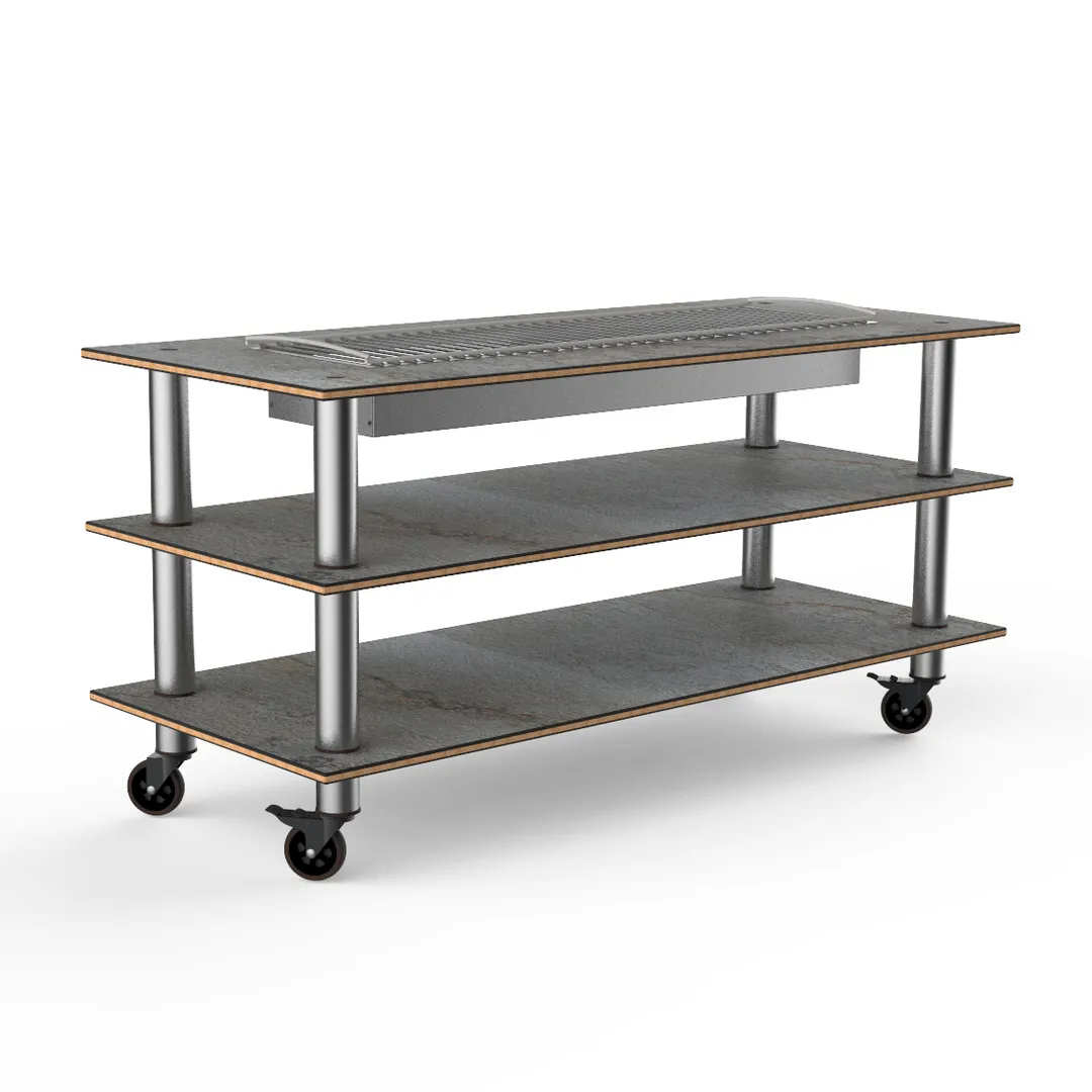 Steelite MGCMLD06GSXW 71" Configurable Buffet Table, 3-Tier, Grey Slate Laminate Top, Brushed Stainless Steel Casters