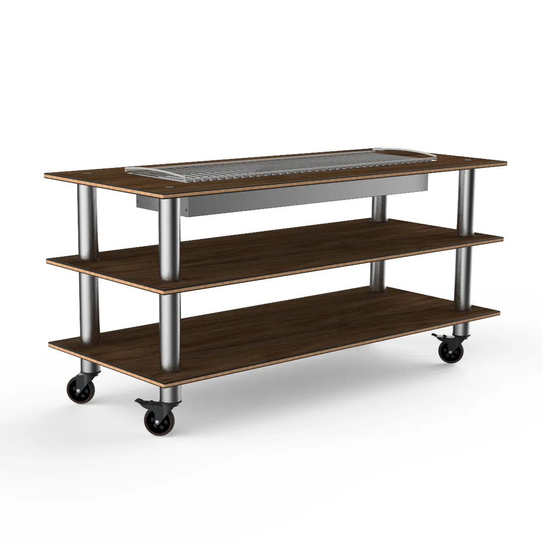 Steelite MGCMLD06WSXW 71" x 29.5" x 35" 3-Tier Modular Buffet Table, Bengali Mango Wood Laminate Top, Brushed Stainless Steel Casters