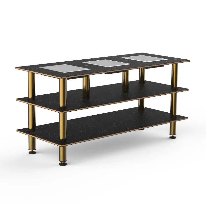Steelite MGCMLD07MBXF 71" Configurable Buffet Table, 3-Tier, Nero Marquina Marble BHP Laminate Top, Brushed Brass Legs