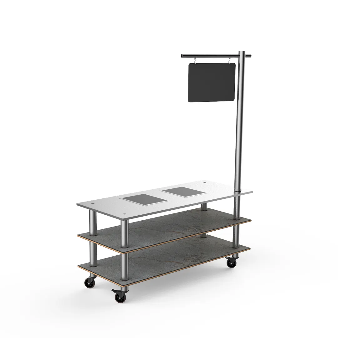 Steelite MGCMLD12GSXW 71" Configurable Buffet Table, 3-Tier, Grey Slate BHP Laminate Top, Brushed Brass Stainless Steel, 1800W, 120V