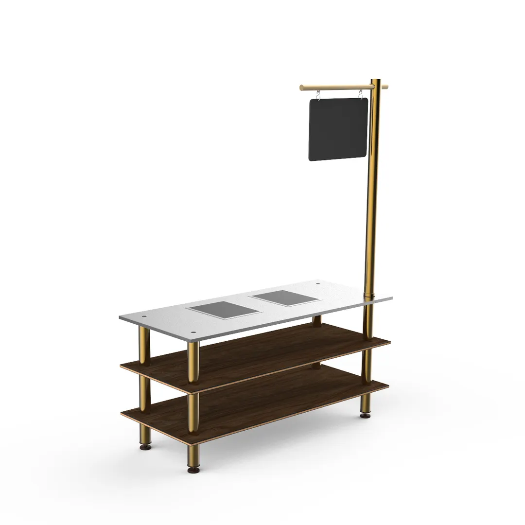 Steelite MGCMLD12WBXF 71 Buffet Table, 29-1/2 Depth, 35 Height, Bengali mango wood BHP laminate top, brushed brass legs