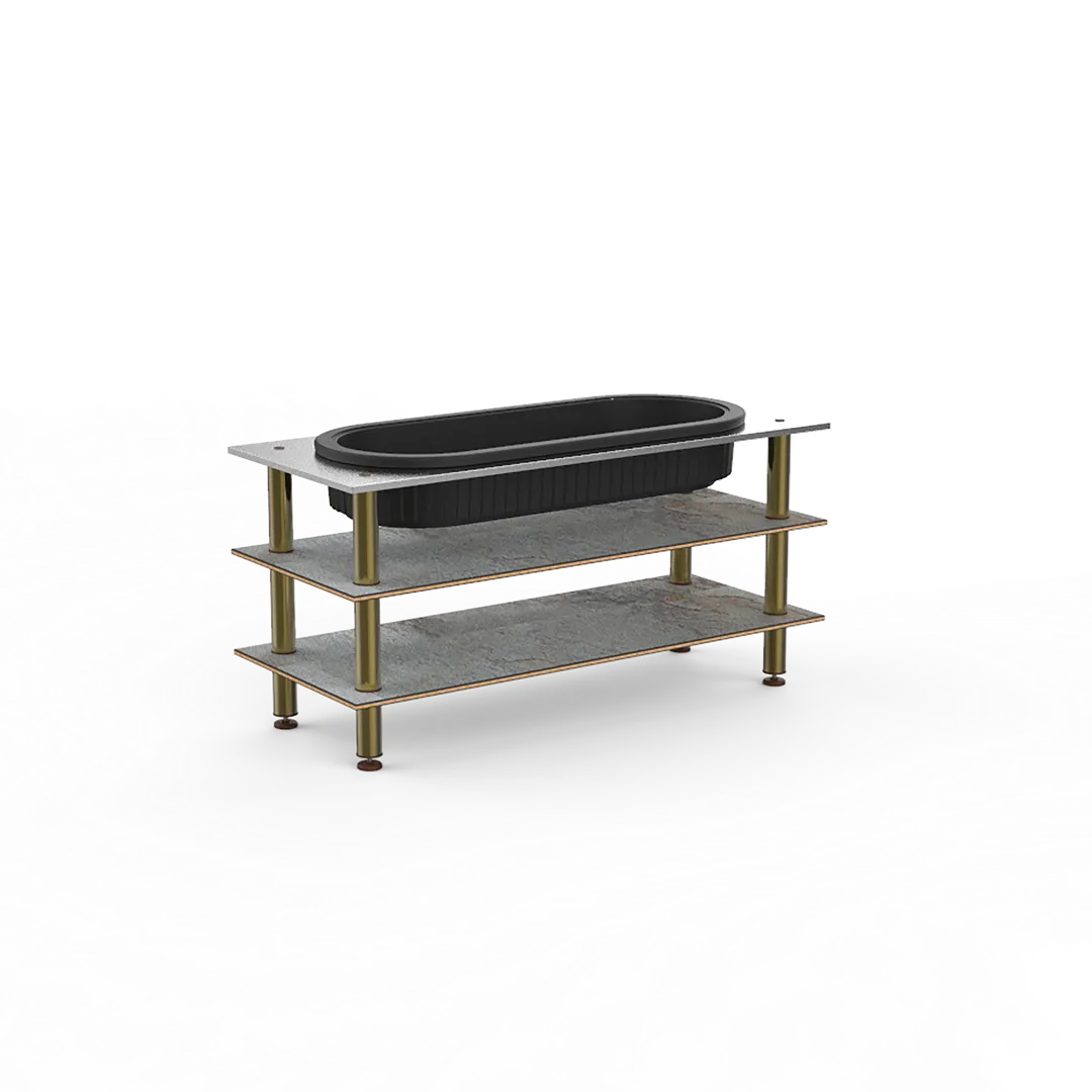 Steelite MGCMLE03GBXF 71" Configurable Buffet Table, 3-Tier, Grey Slate BHP Laminate Top, Brushed Brass Legs