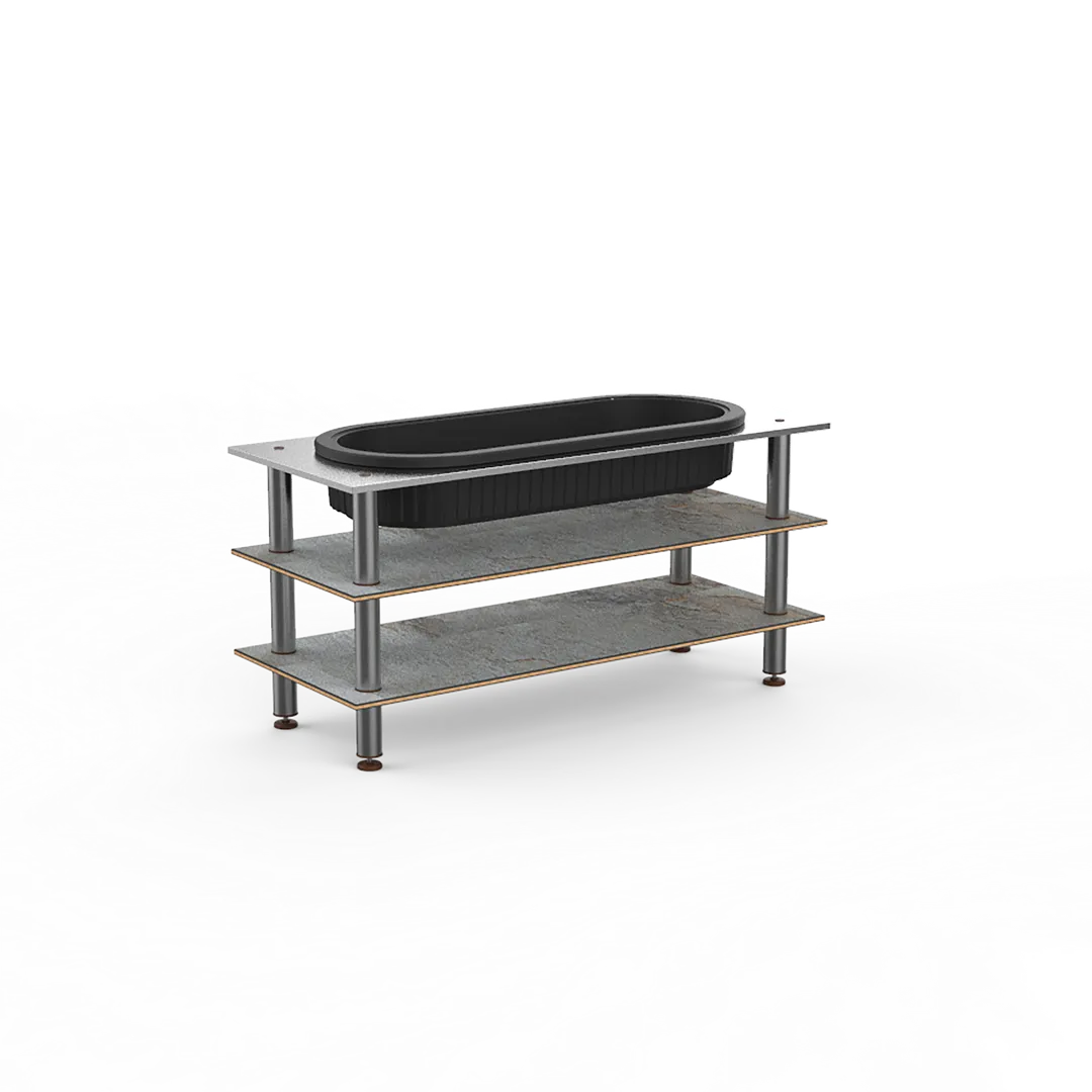 Steelite MGCMLE03GSXF 71" Configurable Buffet Table, 3-Tier, Grey Slate BHP Laminate Top, Brushed Stainless Steel Legs