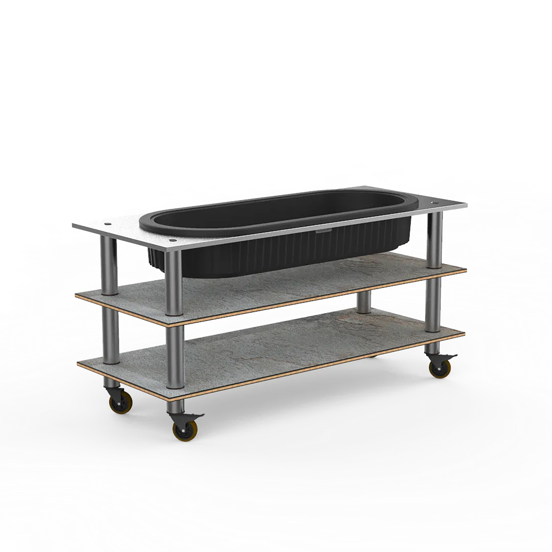 Steelite MGCMLE03GSXW 71" Configurable Buffet Table, 3-Tier, Grey Slate BHP Laminate Top, Brushed Stainless Steel Casters