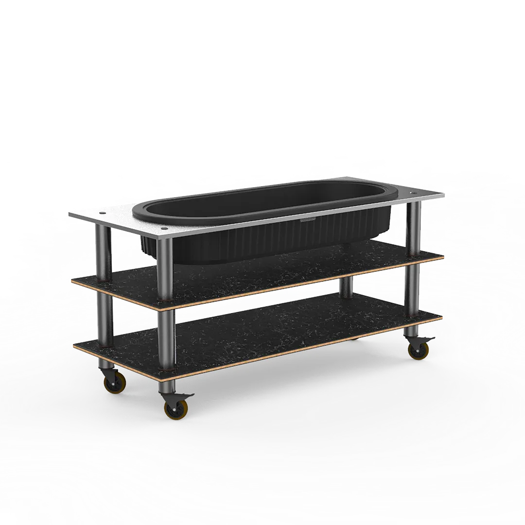 Steelite MGCMLE03MSXW 71" Configurable Buffet Table, 3-Tier, Nero Marquina Marble BHP Laminate Top, Brushed Stainless Steel