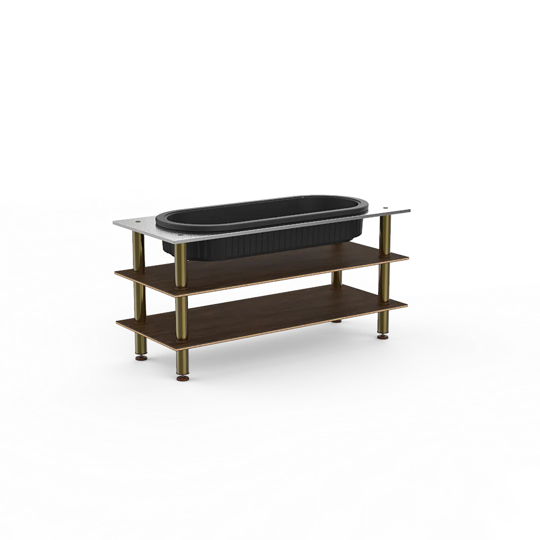 Steelite MGCMLE03WBXF 71" Configurable Buffet Table, 3-Tier, Bengali Mango Wood BHP Laminate Top, Brushed Brass Legs