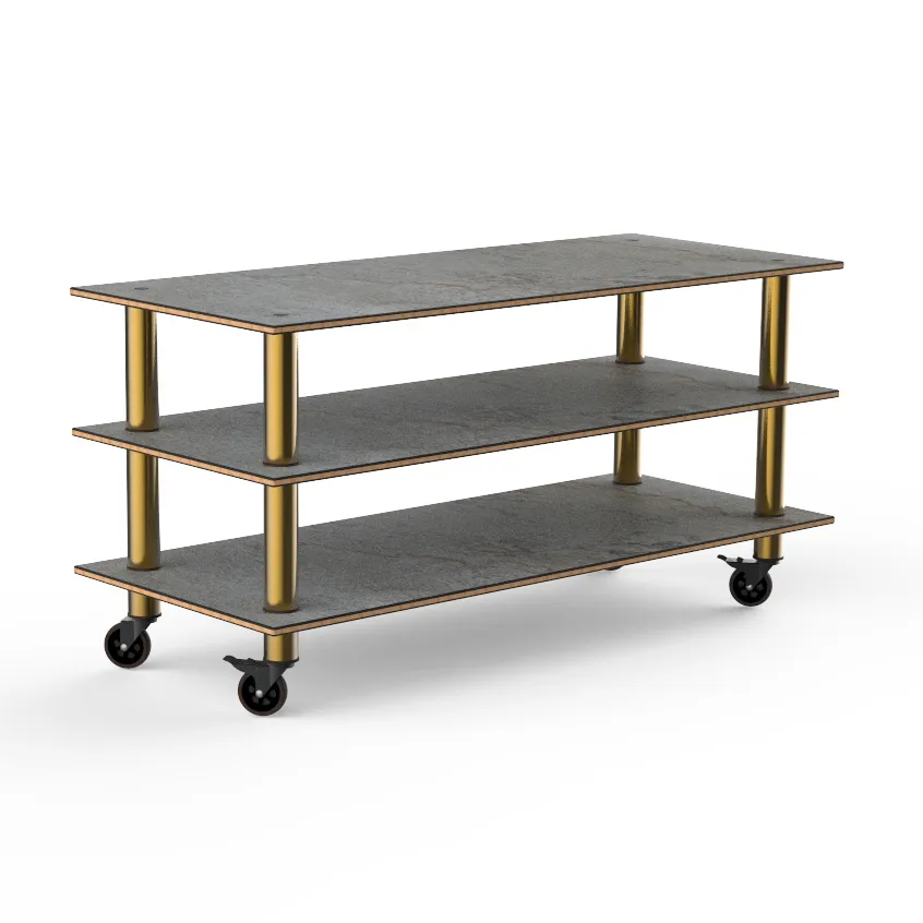 Steelite MGCMLX01GBXW 71" Modular Classic Buffet Table, 3-Tier, Grey Slate BHP Laminate Top, Brushed Brass Casters