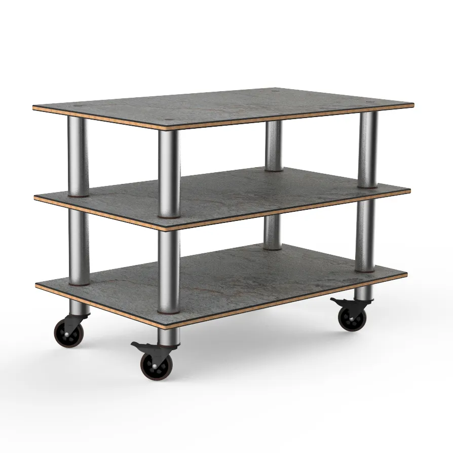 Steelite MGCMLX02GSXW 47" Modular Classic Buffet Table, 3-Tier, Grey Slate Laminate Top, Brushed Stainless Steel