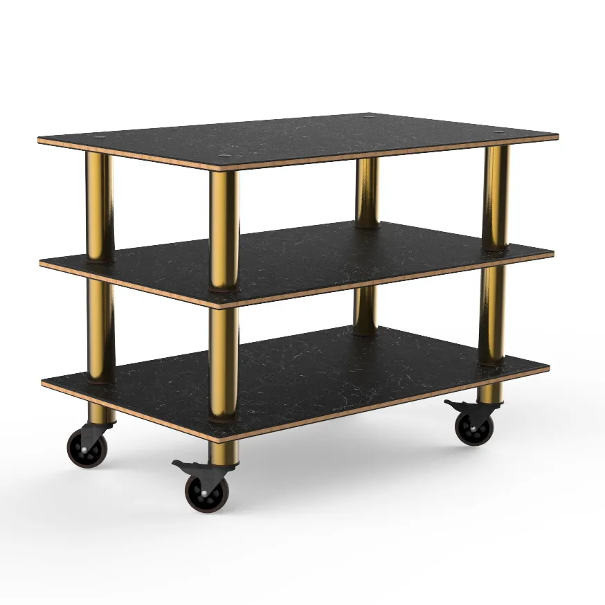 Steelite MGCMLX02MBXW 47" Configurable Buffet Table, 3-Tier, Nero Marquina Marble BHP Laminate Top, Brushed Brass Casters