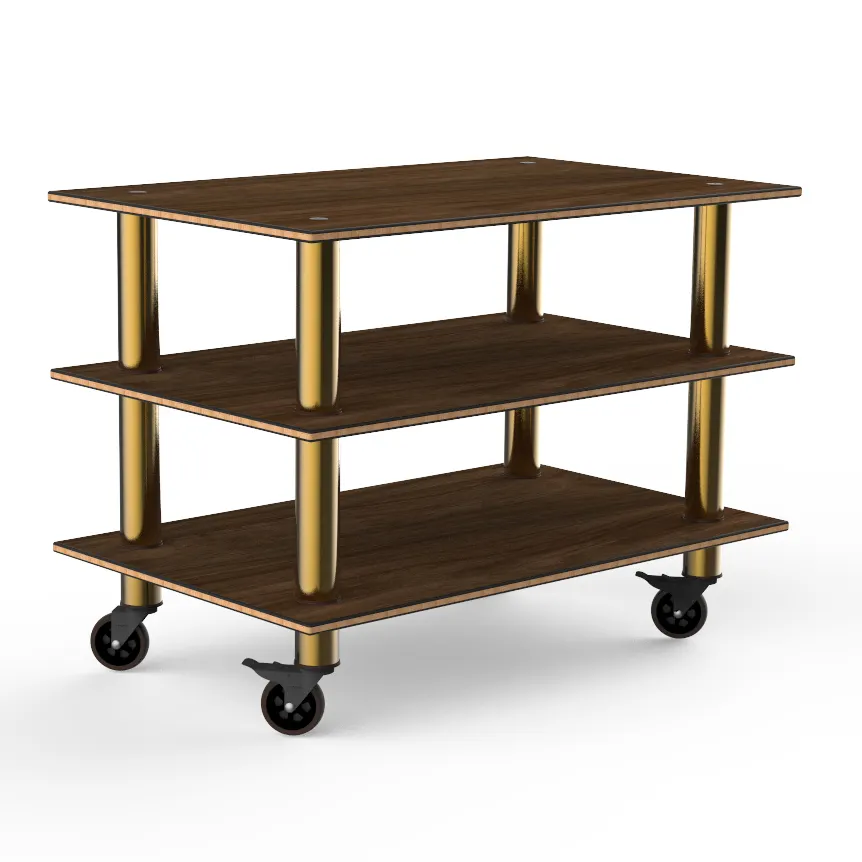 Steelite MGCMLX02WBXW 47" Buffet Table, 3-Tier, 35"H, Bamboo Core, Brushed Brass Casters