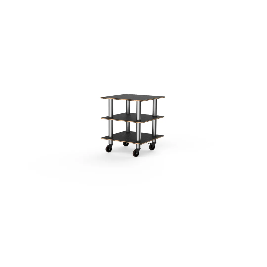 Steelite MGCMLX03MSXW 3-Tier Buffet Station, 29x29, Nero Marquina Marble BHP Laminate Top, Brushed Stainless Steel Casters