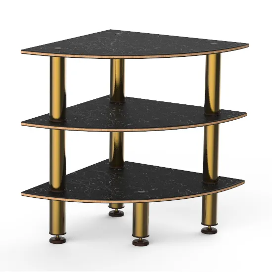 Steelite MGCMLX04MBXF 29" Triangular Buffet Table, 3-Tier, Nero Marquina BHP Laminate Top, Brushed Brass Legs