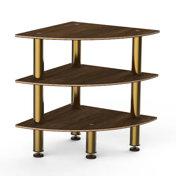 Steelite MGCMLX04WBXF 29" Triangular Buffet Table, 3-Tier, 35"H, Bengali Mango Wood BHP Laminate Top, Brushed Brass Legs