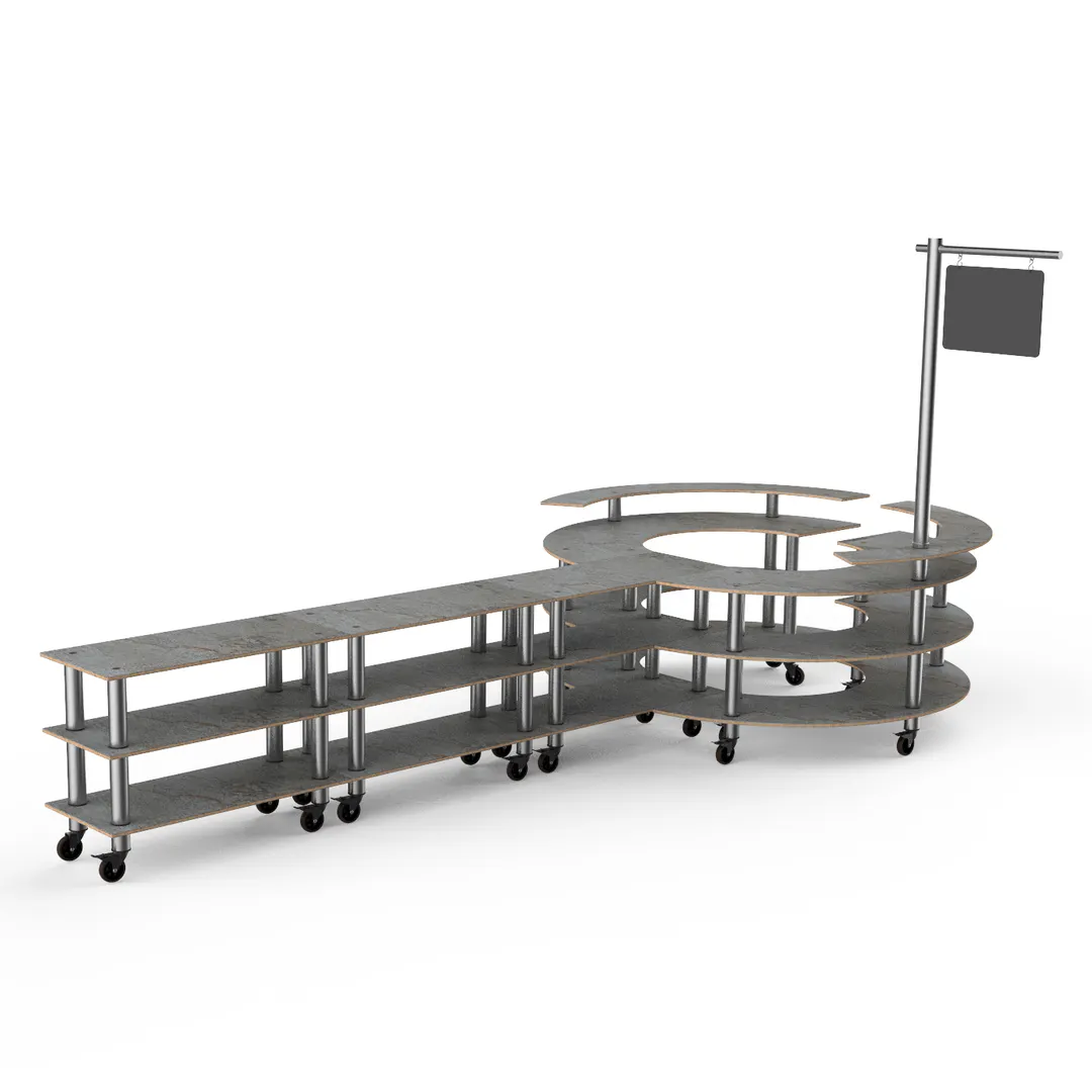 Steelite MGCMSA02GSXW 205" x 98" x 101"H Modular Buffet Table, 4-Tier, Grey Slate BHP Laminate Top, Brushed Stainless Steel Casters