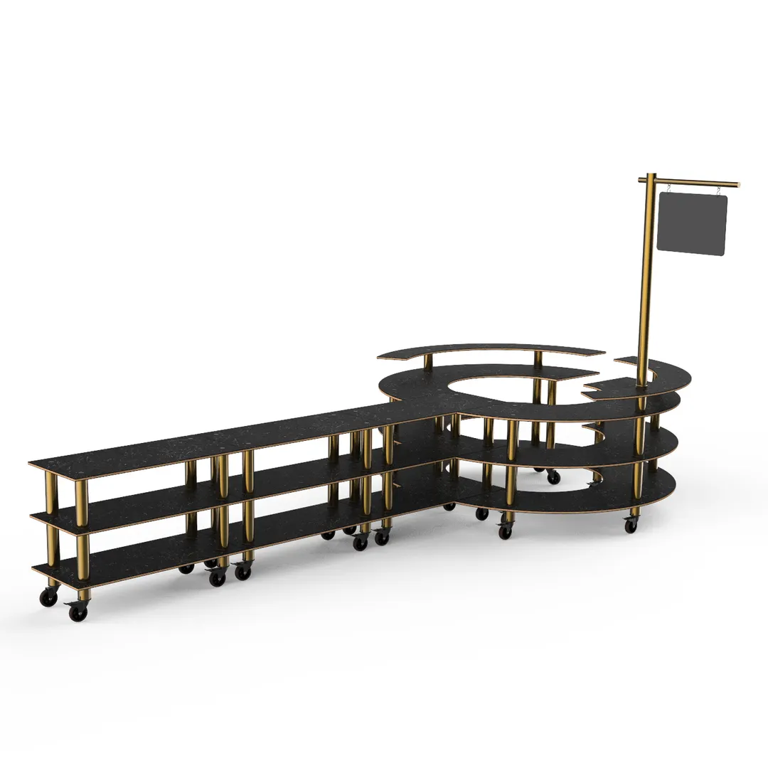 Steelite MGCMSA02MBXW 205" x 98" x 101"H 4-Tier Modular Buffet Station, Nero Marquina Marble BHP Laminate Top, Brushed Brass Casters