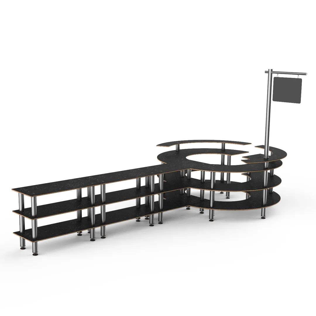 Steelite MGCMSA02MSXF 205" x 98" x 101"H 4-Tier Modular Buffet Station, Nero Marquina Marble BHP Laminate Top, Brushed Stainless Steel Legs