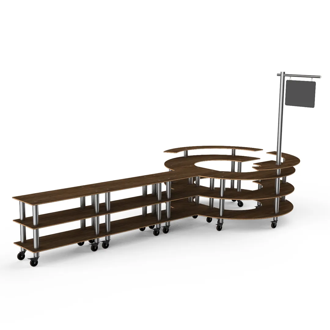 Steelite MGCMSA02WSXW 205" x 98" x 101"H 4-Tier Modular Buffet Table, Bengali Mango Wood BHP Laminate Top, Brushed Stainless Steel Casters