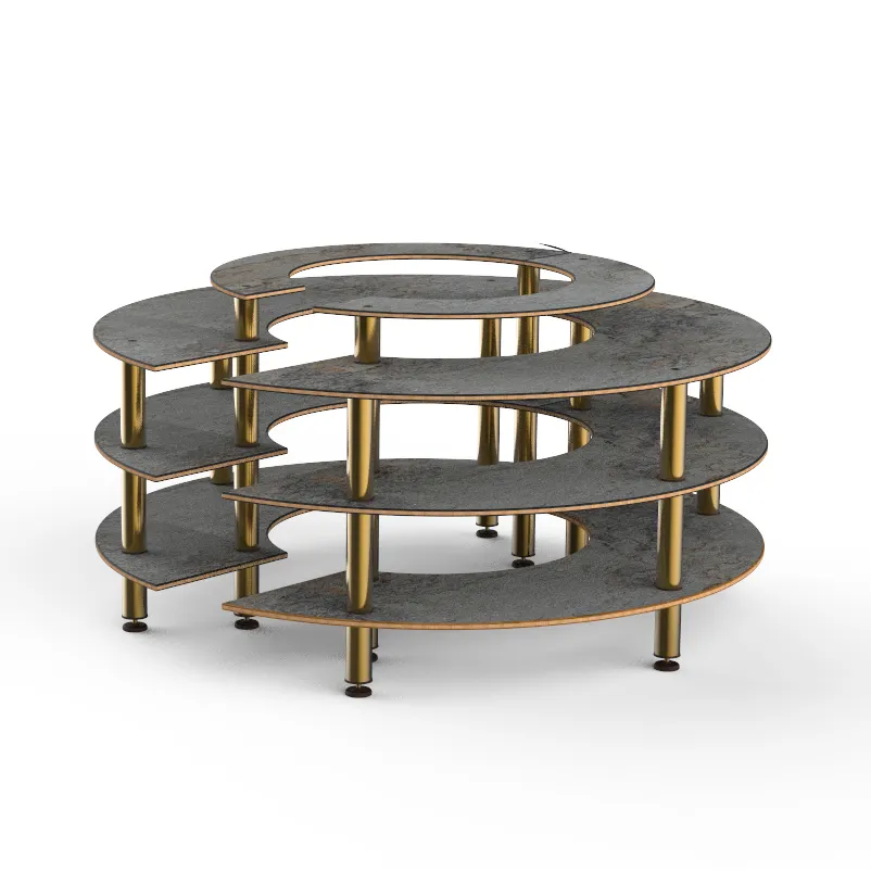 Steelite MGCMSB01GBXF 81" Round 4-Tier Buffet Station, Grey Slate BHP Laminate Top, Brushed Brass Legs, 41"H