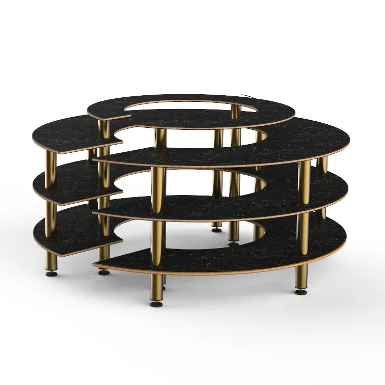 Steelite MGCMSB01MBXF 81" Round 4-Tier Buffet Station, Nero Marquina Marble BHP Laminate Top, Brushed Brass Legs, 41"H