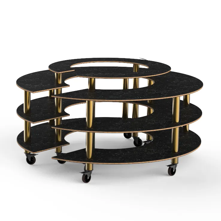 Steelite MGCMSB01MBXW Mogogo Buffet Station, 81.5" Round Nero Marquina Marble BHP Laminate Top, 41"H, Brushed Brass Casters