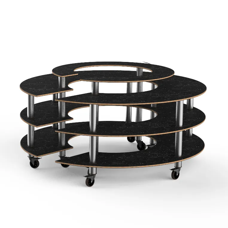 Steelite MGCMSB01MSXW 81" Round 4-Tier Buffet Station, Nero Marquina Marble BHP Laminate Top, 41"H, Brushed Stainless Steel Casters