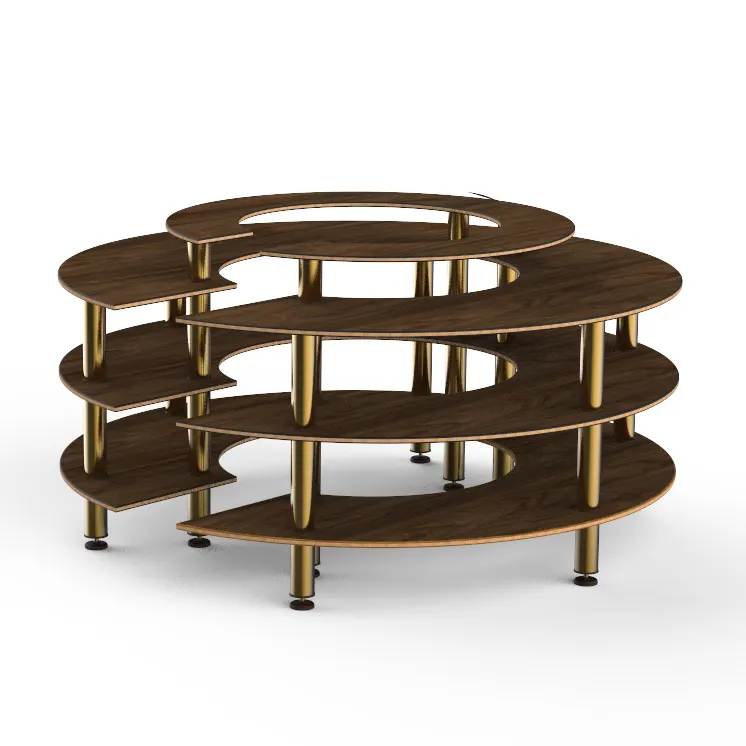 Steelite MGCMSB01WBXF 81" Round 4-Tier Buffet Table, Bengali Mango Wood Laminate Top, Brushed Brass Legs, 41"H