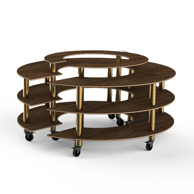 Steelite MGCMSB01WBXW Mogogo Buffet Station, 81.5" Dia, 41"H, Round, Bengali Mango Wood Top, Brushed Brass Casters