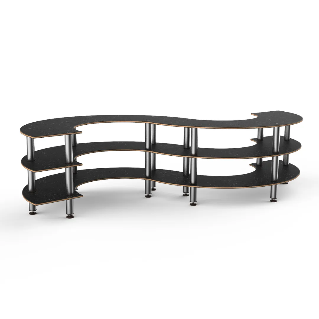 Steelite MGCMSB03MSXF 141" x 76" S-Shaped 3-Tier Buffet Station, Nero Marquina Marble BHP Laminate Top, Brushed Stainless Steel Legs