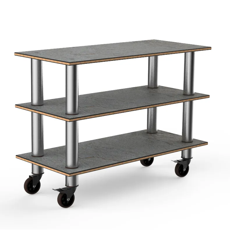 Steelite MGCMSX02GSXW 3-Tier Buffet Table, 47" x 21" x 35"H, Grey Slate BHP Laminate Top, Brushed Stainless Steel Casters