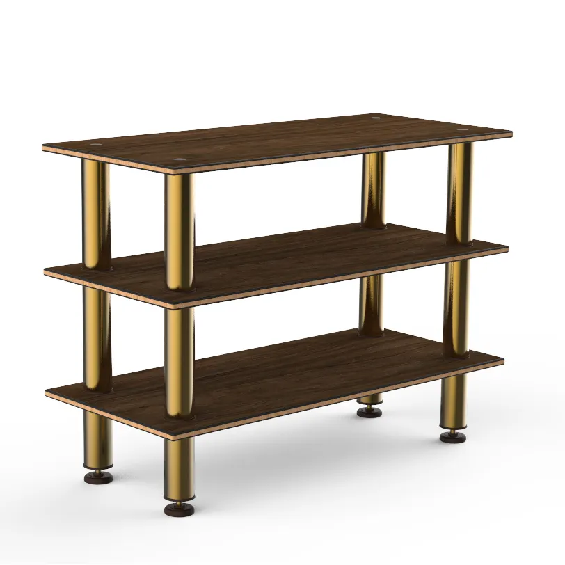 Steelite MGCMSX02WBXF 3-Tier Buffet Table, 47" x 21" x 35"H, Bengali Mango Wood BHP Laminate Top, Brushed Brass Legs