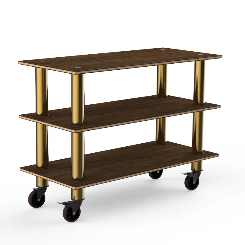 Steelite MGCMSX02WBXW 47" x 21" x 35"H 3-Tier Buffet Table, Bengali Mango Wood BHP Laminate Top