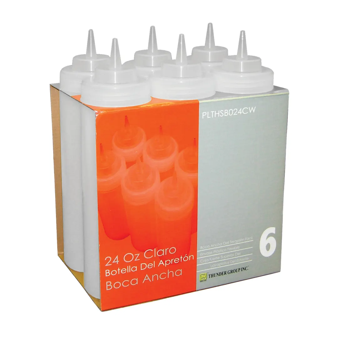 Thunder Group PLTHSB024CW Squeeze Bottle, 24 Oz., Wide Mouth, Plastic, 6 Each - Pack