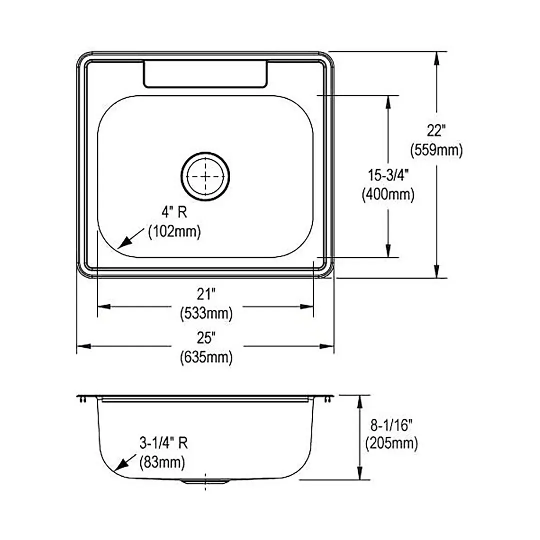 Elkay DSE12522MR2 Single Bowl Drop-In Stainless Steel Kitchen Sink, 25" X 22" / 20 Gauge - Center Drain