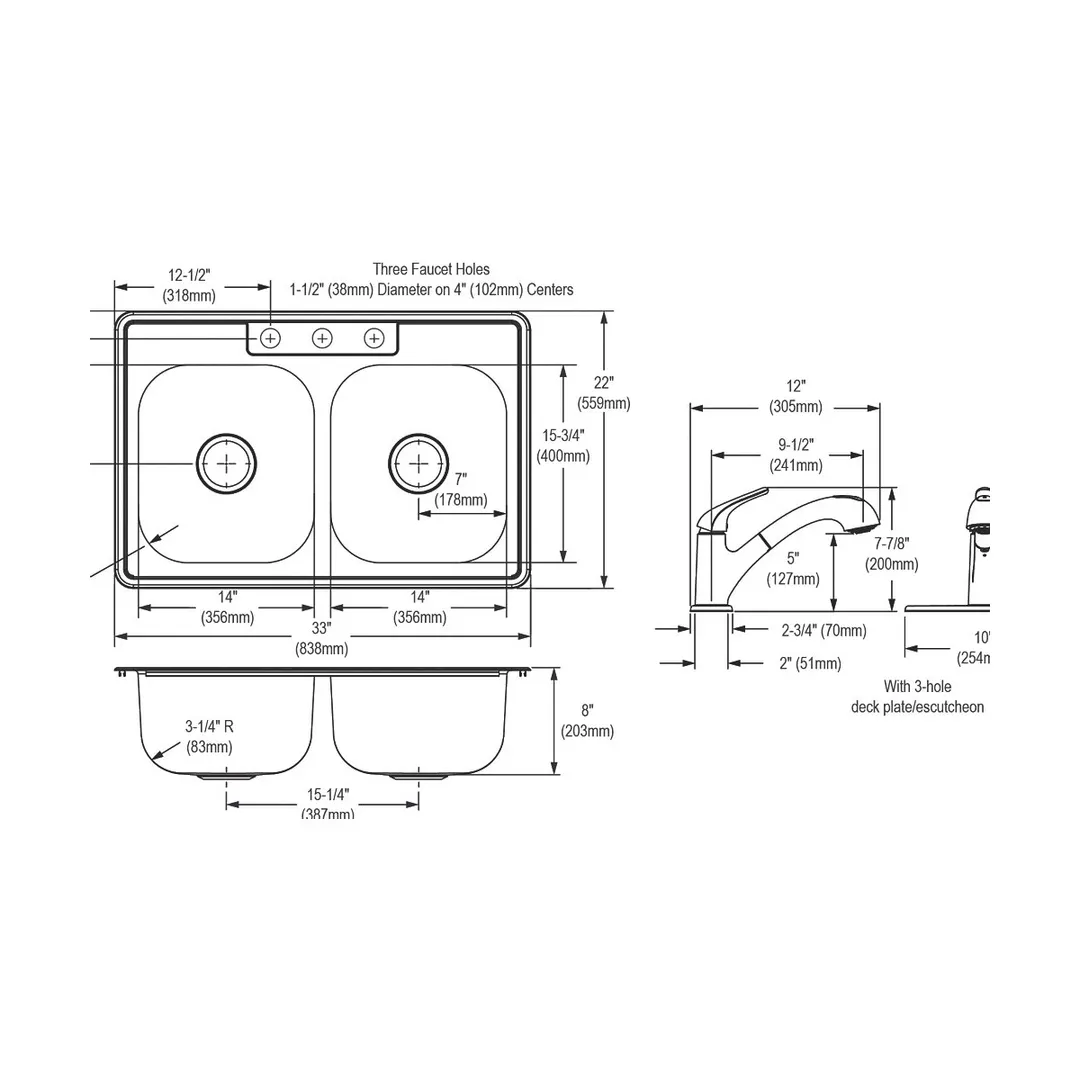 Elkay DSE233223DFBG Double Bowl Drop-In Kitchen Sink Kit, 33" X 22"  / Stainless Steel - 20 Gauge