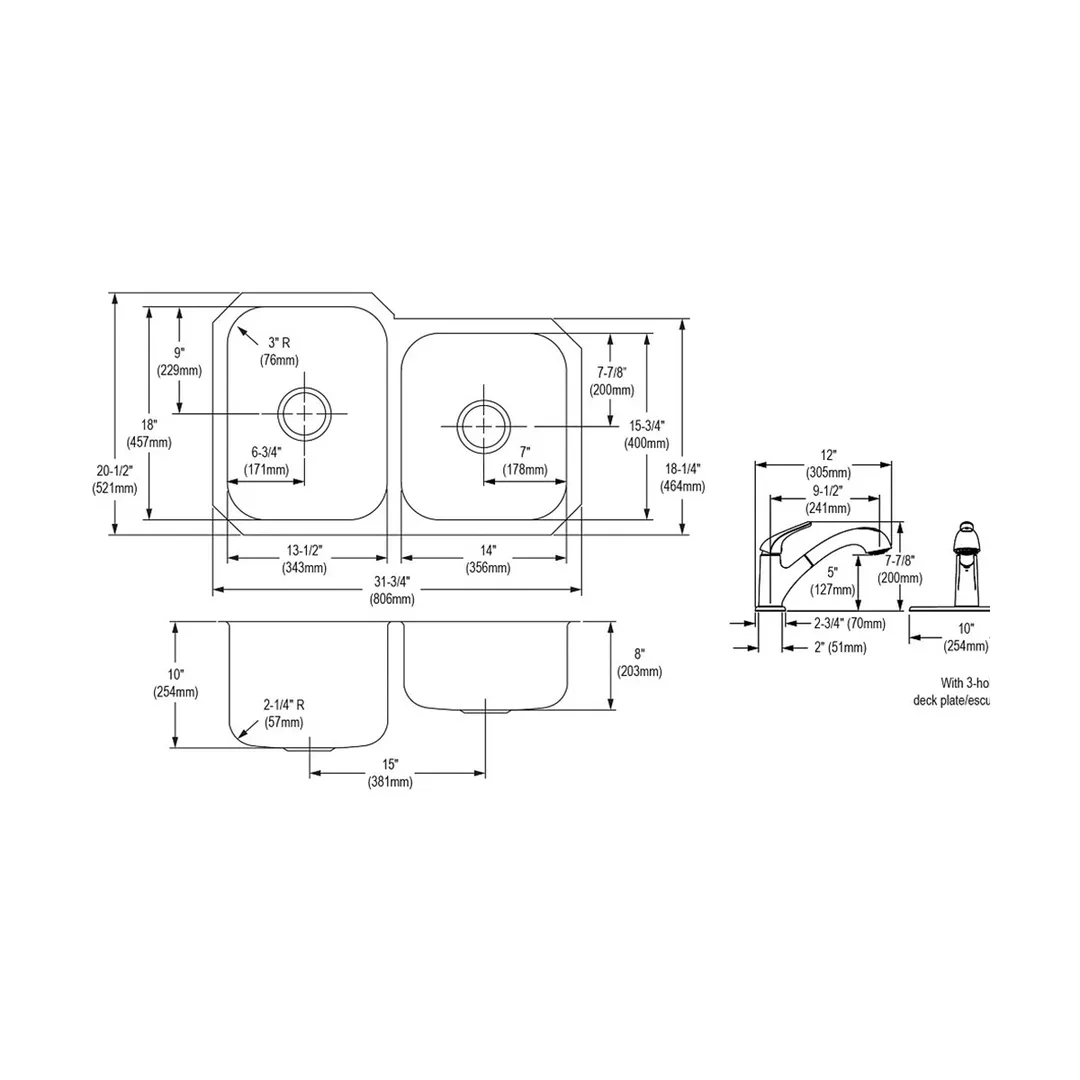 Elkay DXUH312010RDFBG Double Bowl Undermount Kitchen Sink Kit, 31.75" X 20.5" / Stainless Steel - 18 Gauge