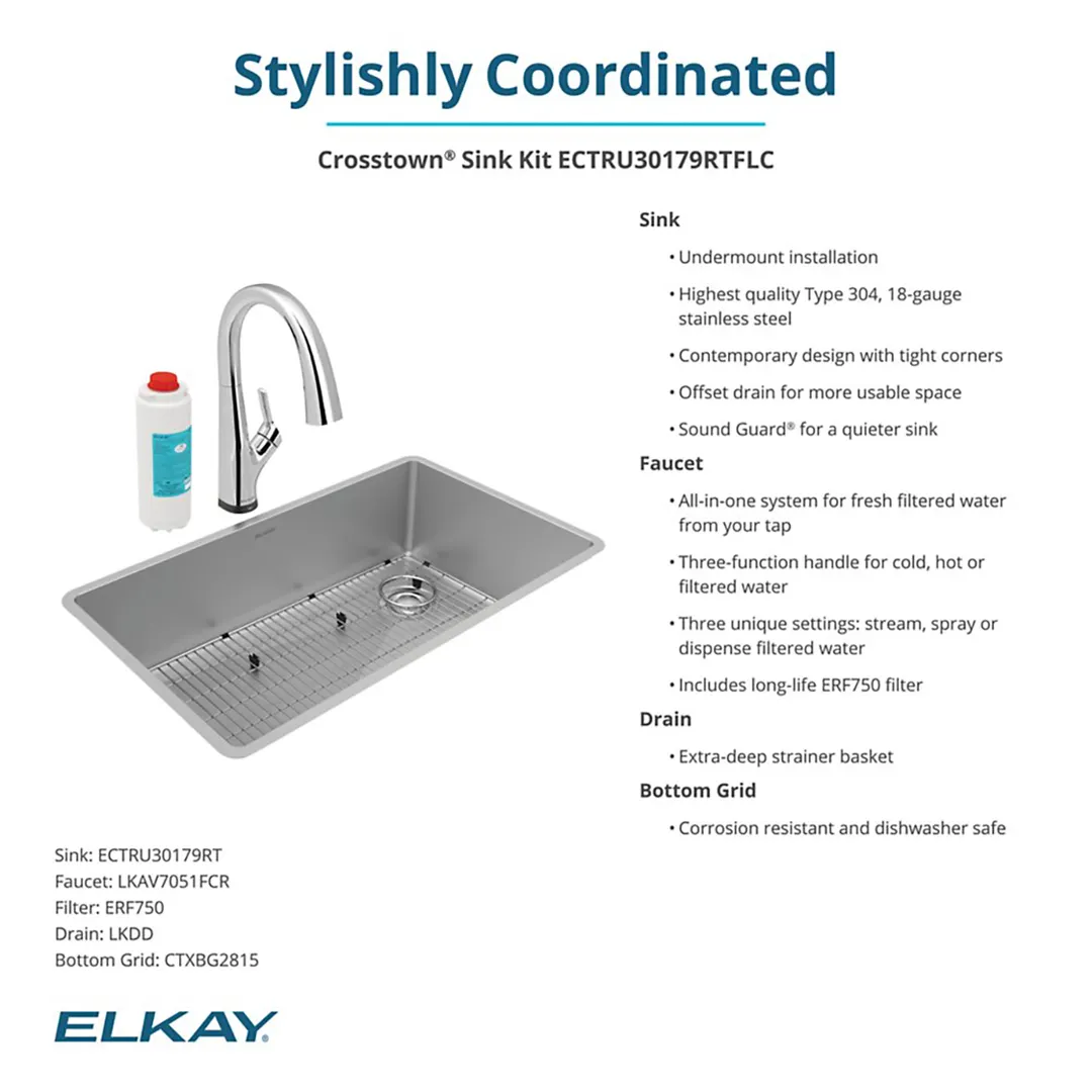Elkay ECTRU30179RTFLC Single Bowl Undermount Sink Kit with Filtered Faucet, 32" x 19" / 18 Gauge