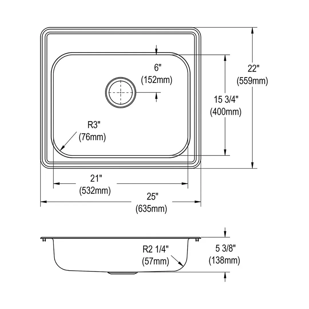 Elkay GE125224 Single Bowl Drop-In Stainless Steel Kitchen Sink, 25" X 22" / 22 Gauge - 4 Holes