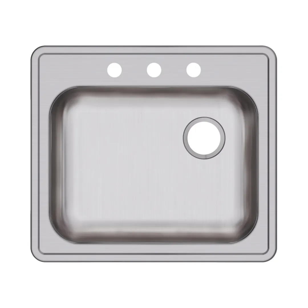 Elkay GE12522R3 Single Bowl Drop-In Stainless Steel Kitchen Sink, 25" X 22" / 3 Holes - Right Drain 
