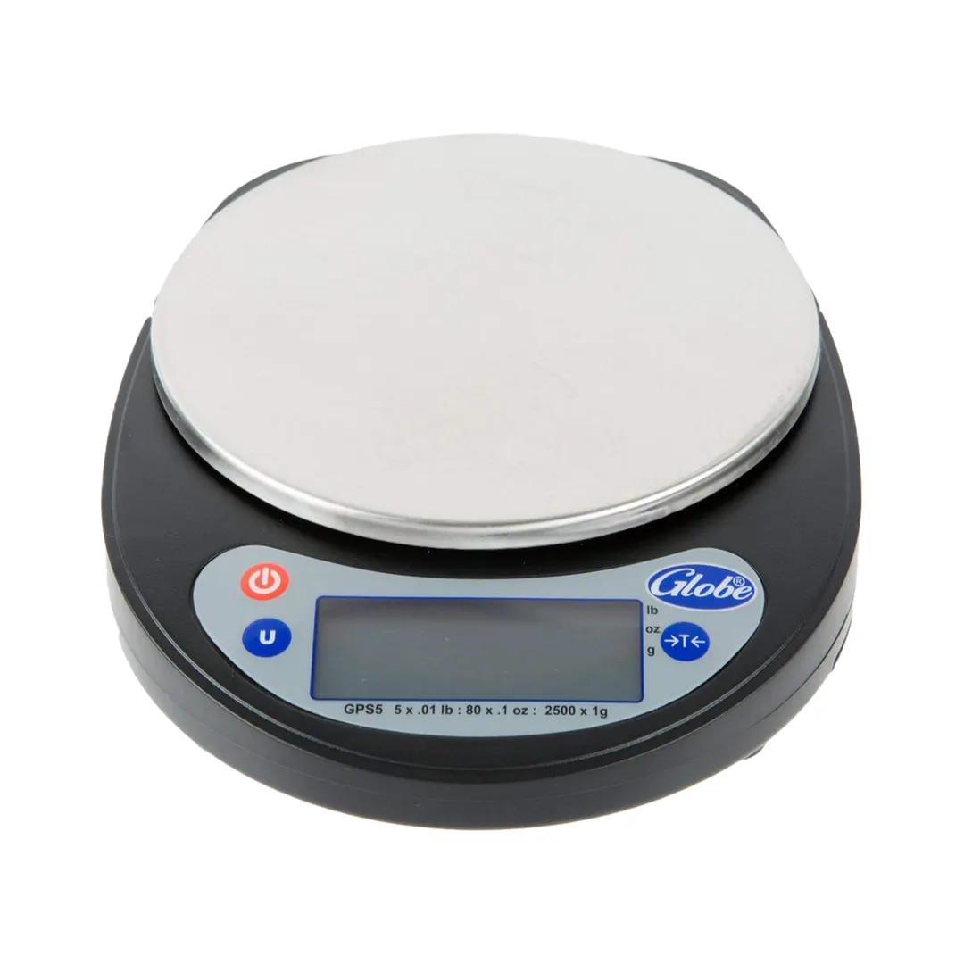 Globe GPS5 Portion Control Scale – 5 lb / 80 oz / 2200 g Capacity, Stainless Steel Round Platform 4”, LCD