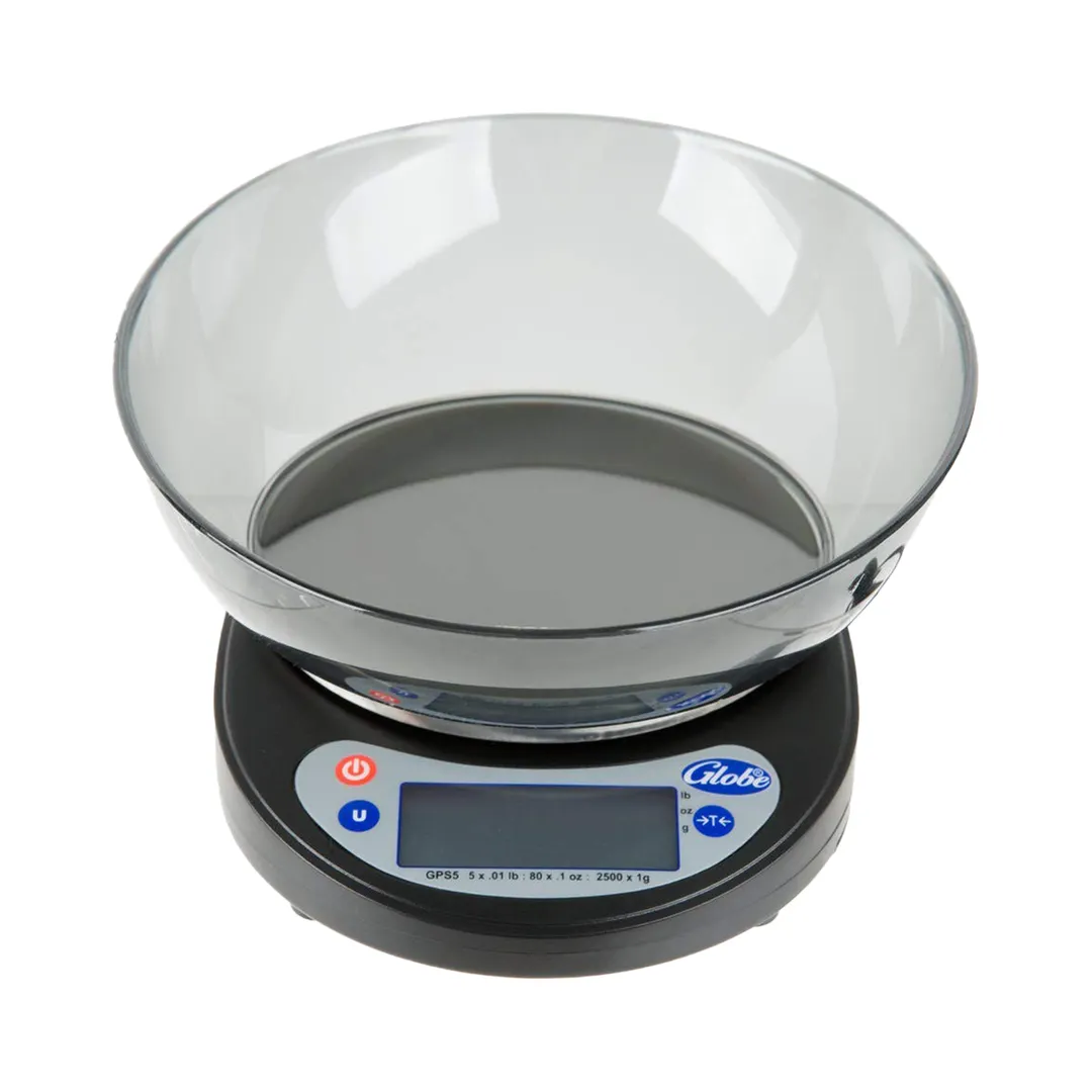 Globe GPS5 Portion Control Scale – 5 lb / 80 oz / 2200 g Capacity, Stainless Steel Round Platform 4”, LCD
