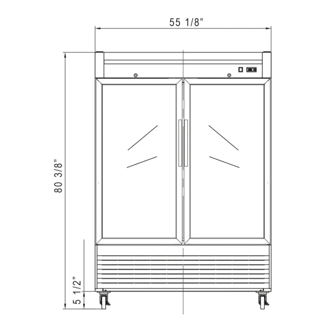 Dukers Appliance Co D55R-GS2 55" 2-Glass Door Reach-In Refrigerator, Bottom Mount, 41.73 cu. ft.