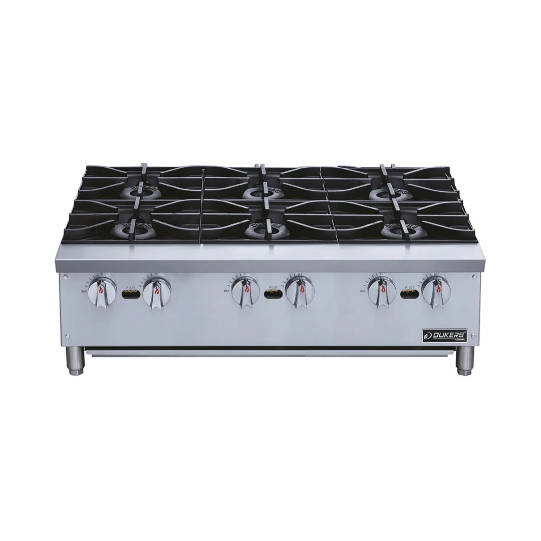 Dukers DCHPA36 36" Countertop Gas Hotplate with (6) Burners, Manual Controls, 168.000 BTU