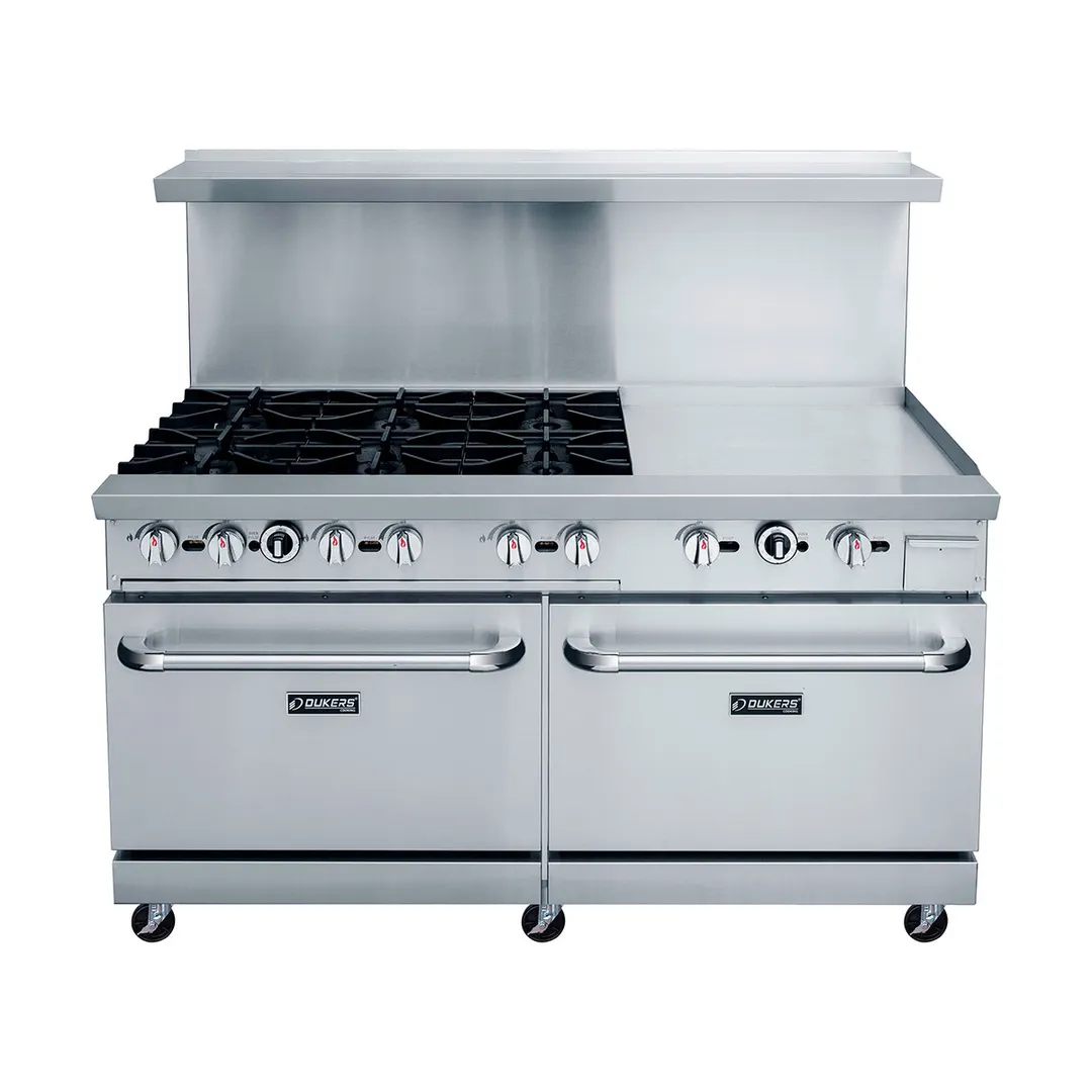 Dukers Appliance Co DCR60-6B24GM 60" Gas Restaurant Range, 6 Open Burners, 24" Griddle, (2) Standard Ovens, 324.000 BTU 
