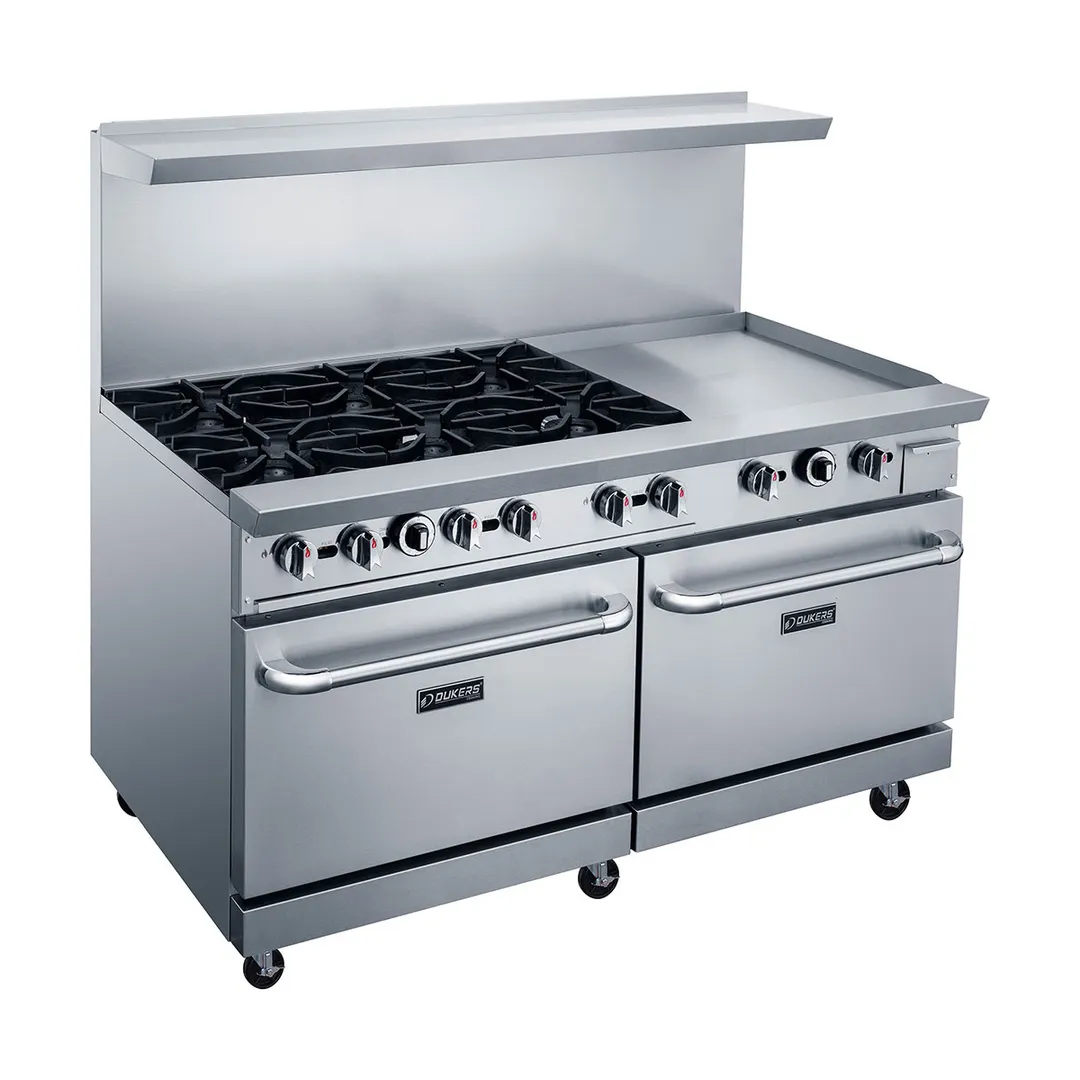 Dukers Appliance Co DCR60-6B24GM 60" Gas Restaurant Range, 6 Open Burners, 24" Griddle, (2) Standard Ovens, 324.000 BTU 