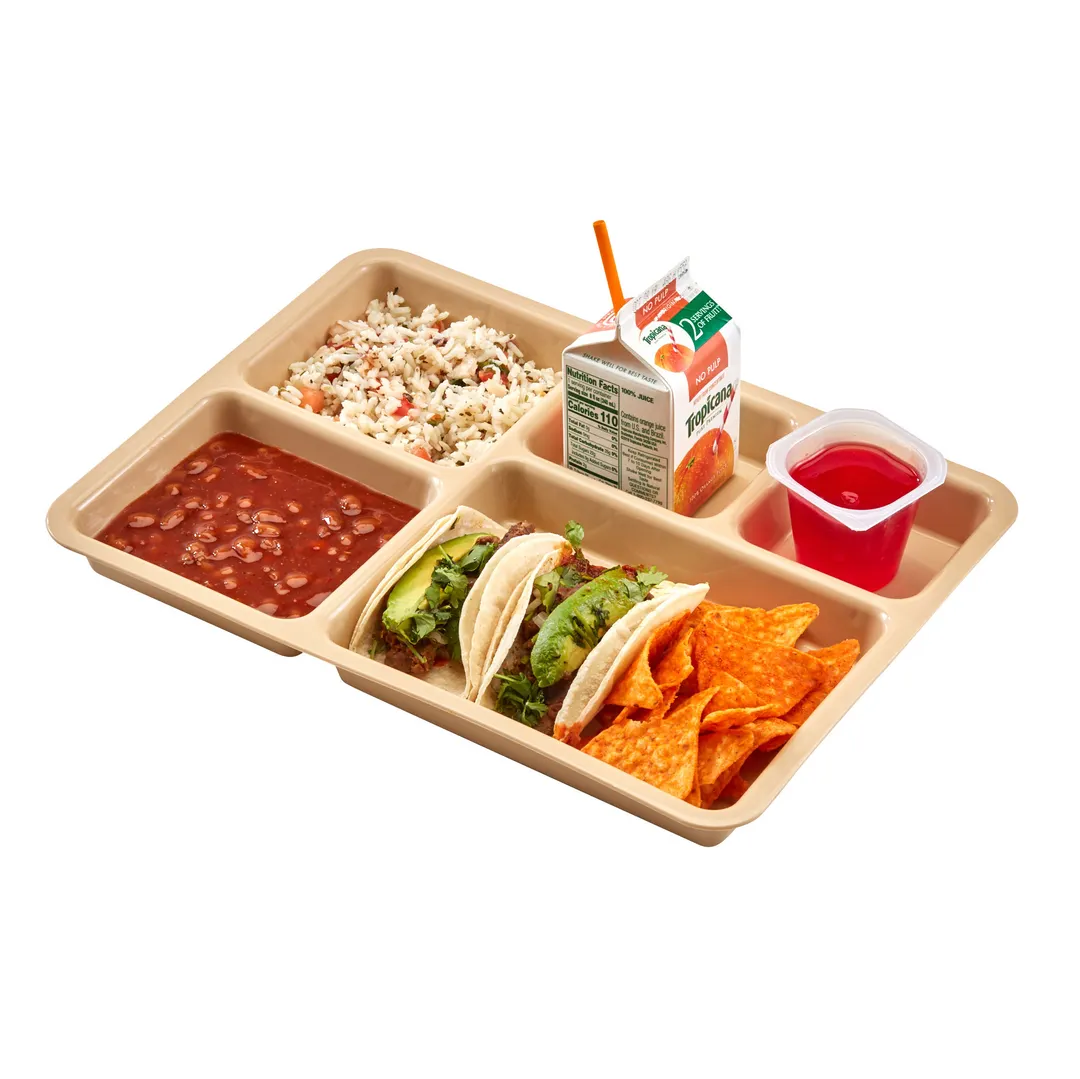 Cambro 1411CP161 Tray-on-Tray 5-Comp, 14.38" L x 10.56" W x 1.25" D, Tan Co-Polymer, Dishwasher Safe